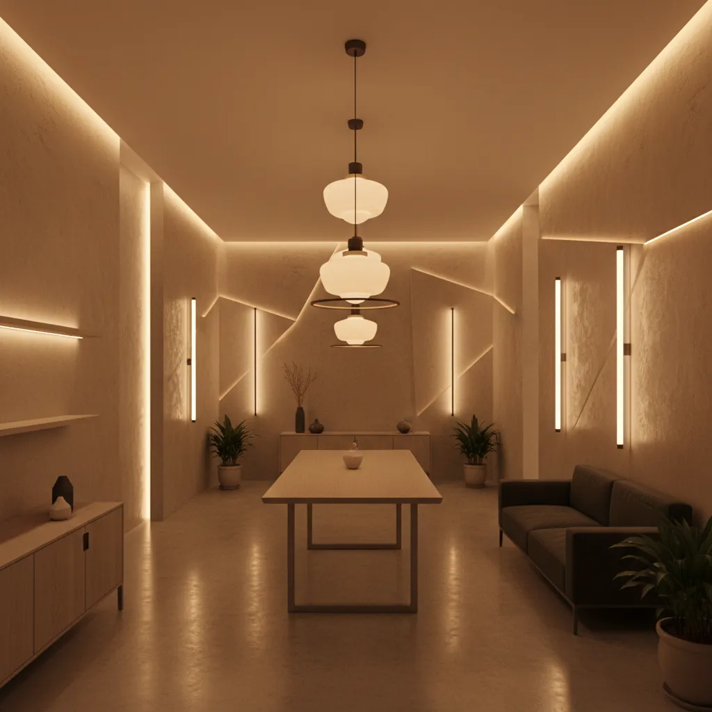 Modern room with wood table sofa plants tiered ceiling light and warm glowing wall lights