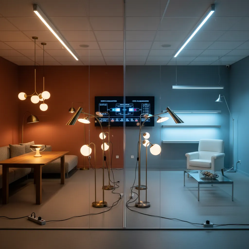 Estudio de iluminación interior con diferentes tipos de luminarias