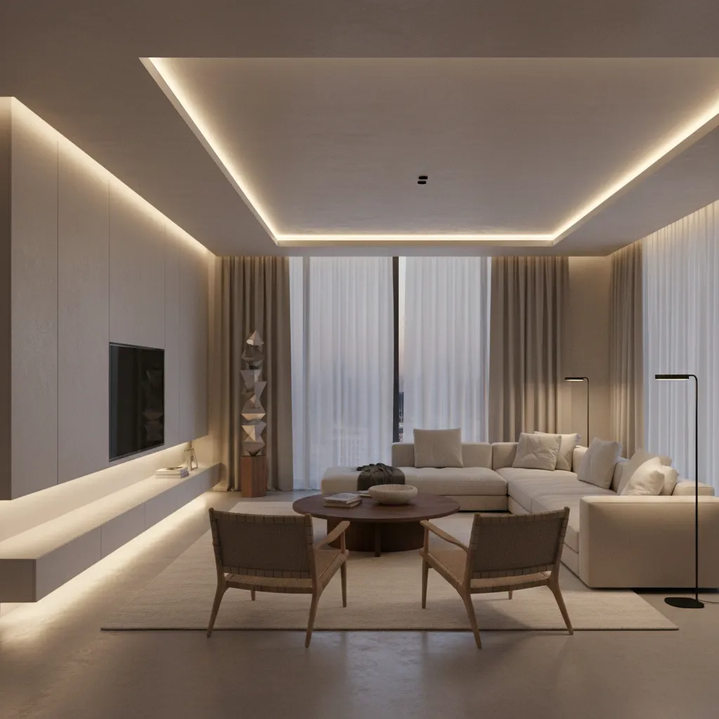 Interior showing wall washing lighting and layered illumination in modern living room