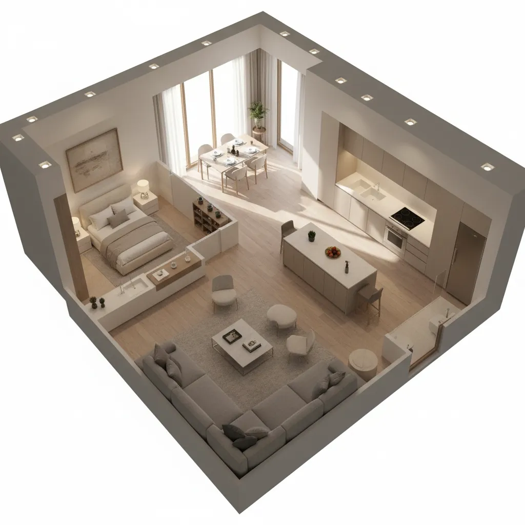 layered lighting setup in a realistic 3D floor plan interior render