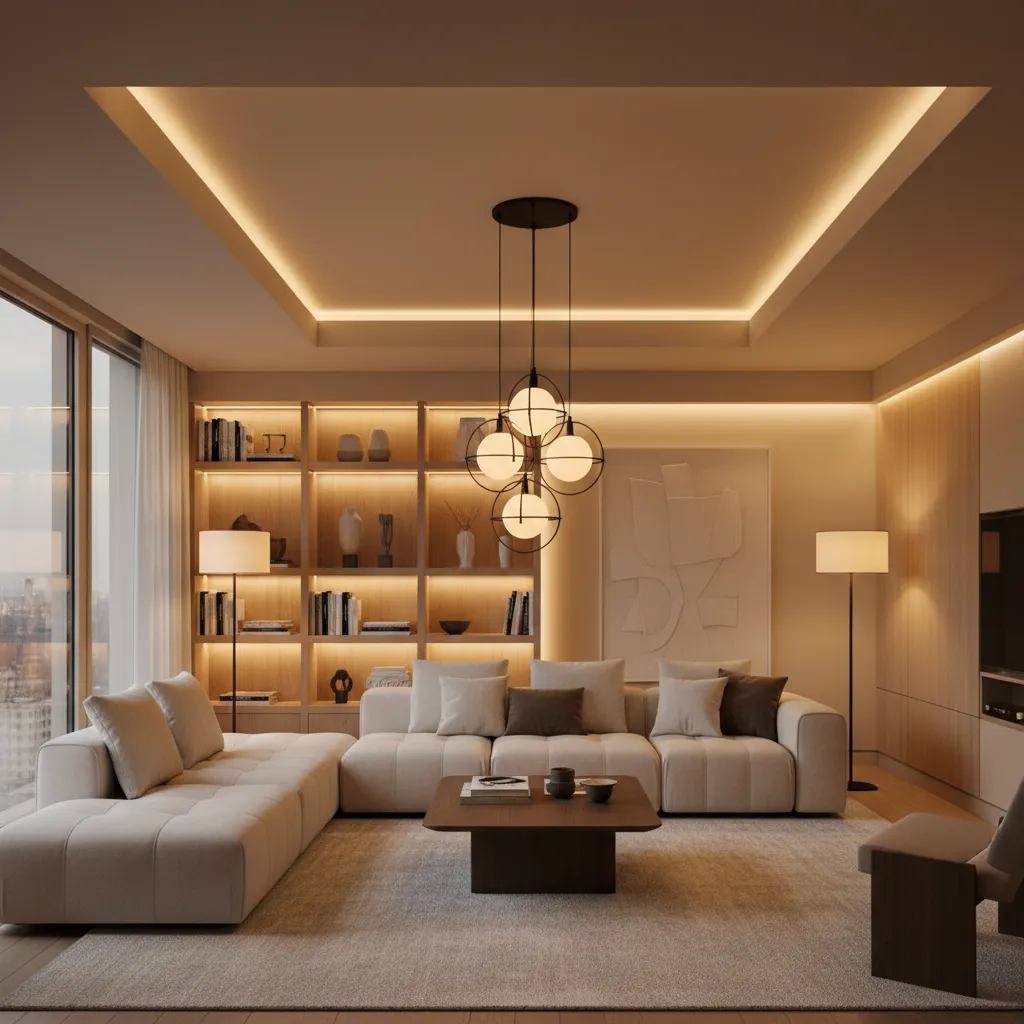 Salón con iluminación en capas: lámparas, luz indirecta y natural