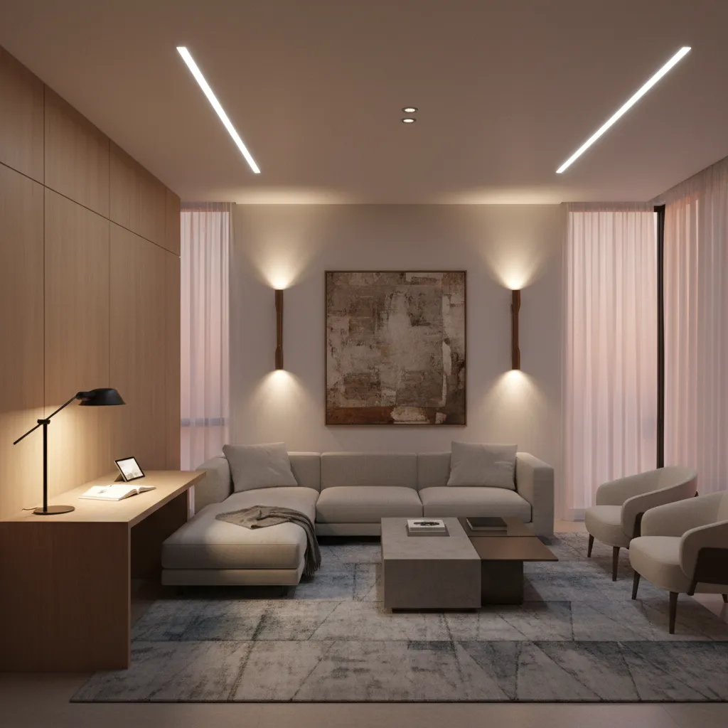 Interior demonstrating ambient task and accent lighting layers in professional design