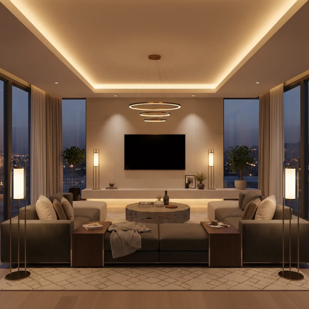 Night living room with warm lighting triple ring ceiling light floor lamps sofas and view