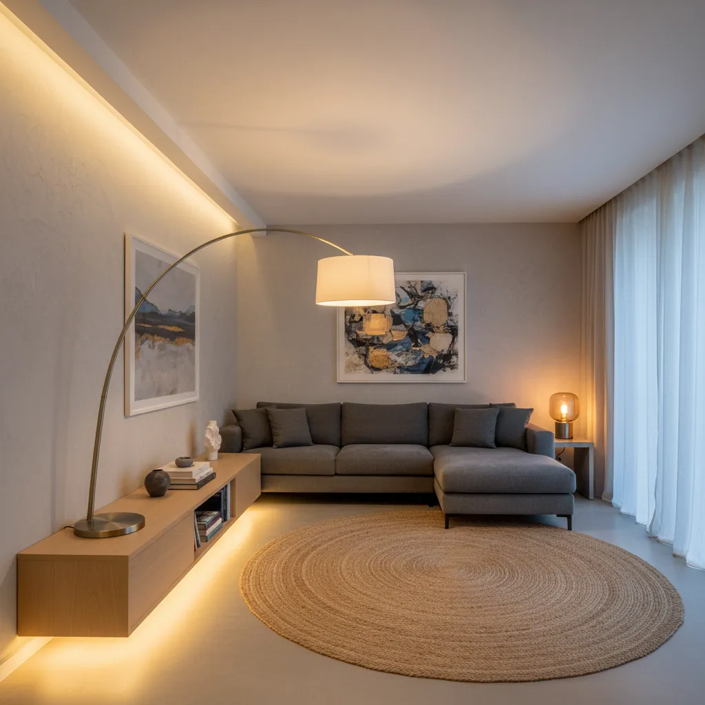 Modern living room with grey sofa warm floor lamp round rug and wooden wall cabinet