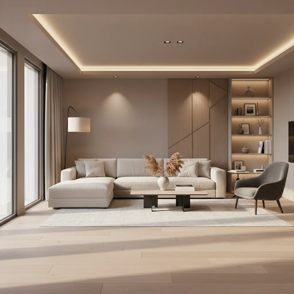 Modern living room showing layered lighting and material textures in interior design visualization