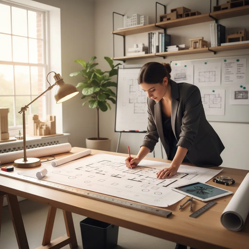 Female designer drawing a floor plan on a wooden desk with a lamp and tools