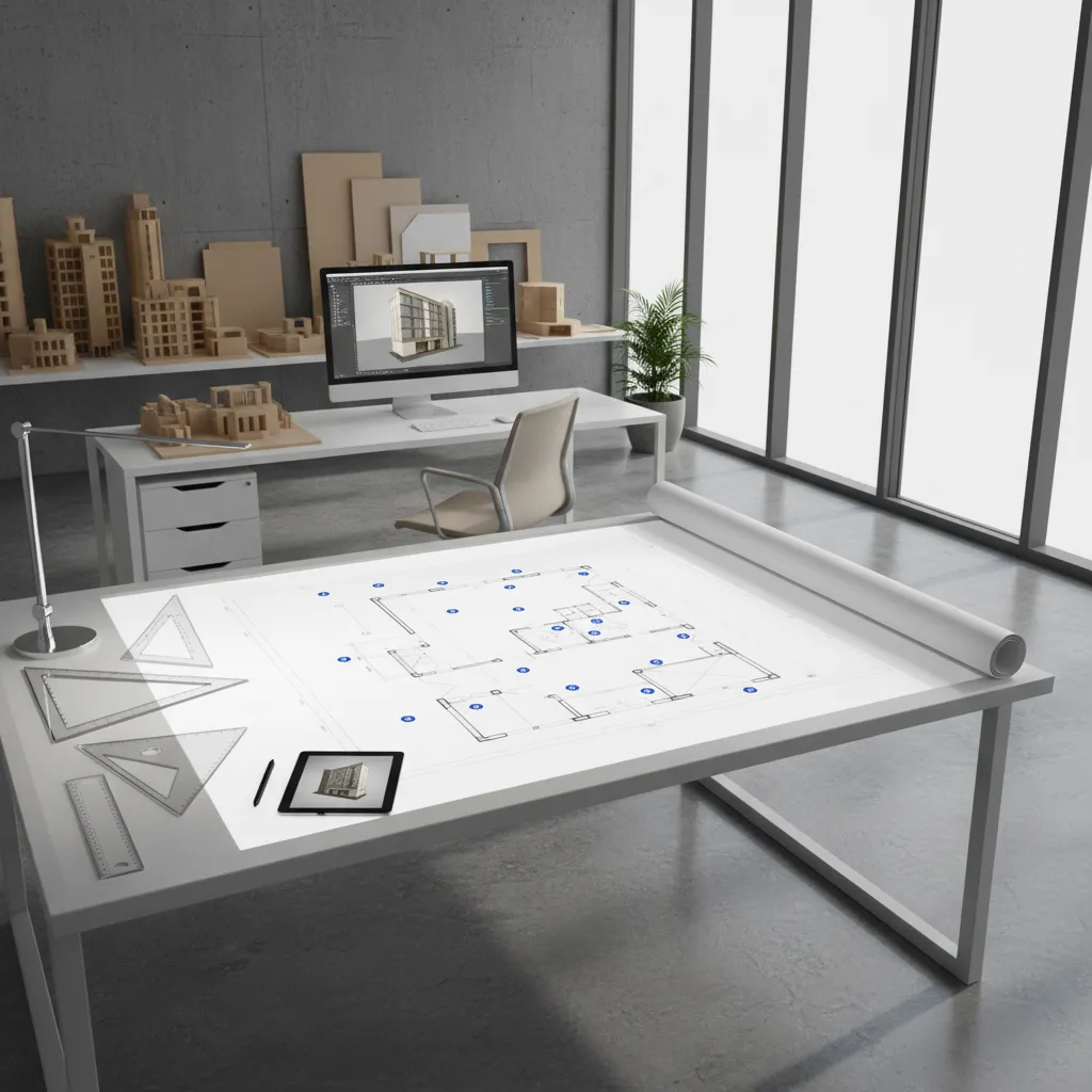 Interior design drawing on table with a computer showing a 3D model and large windows