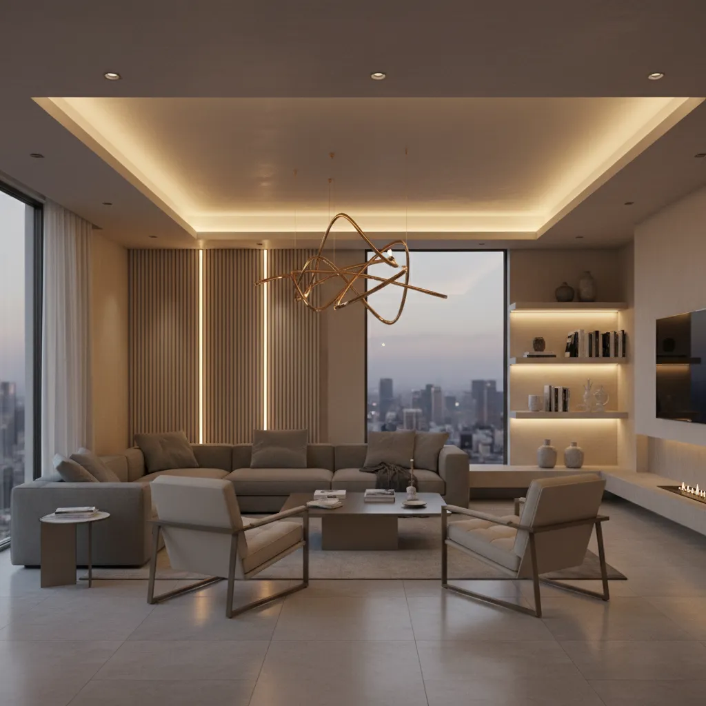 Render realista de interior mostrando iluminación personalizada