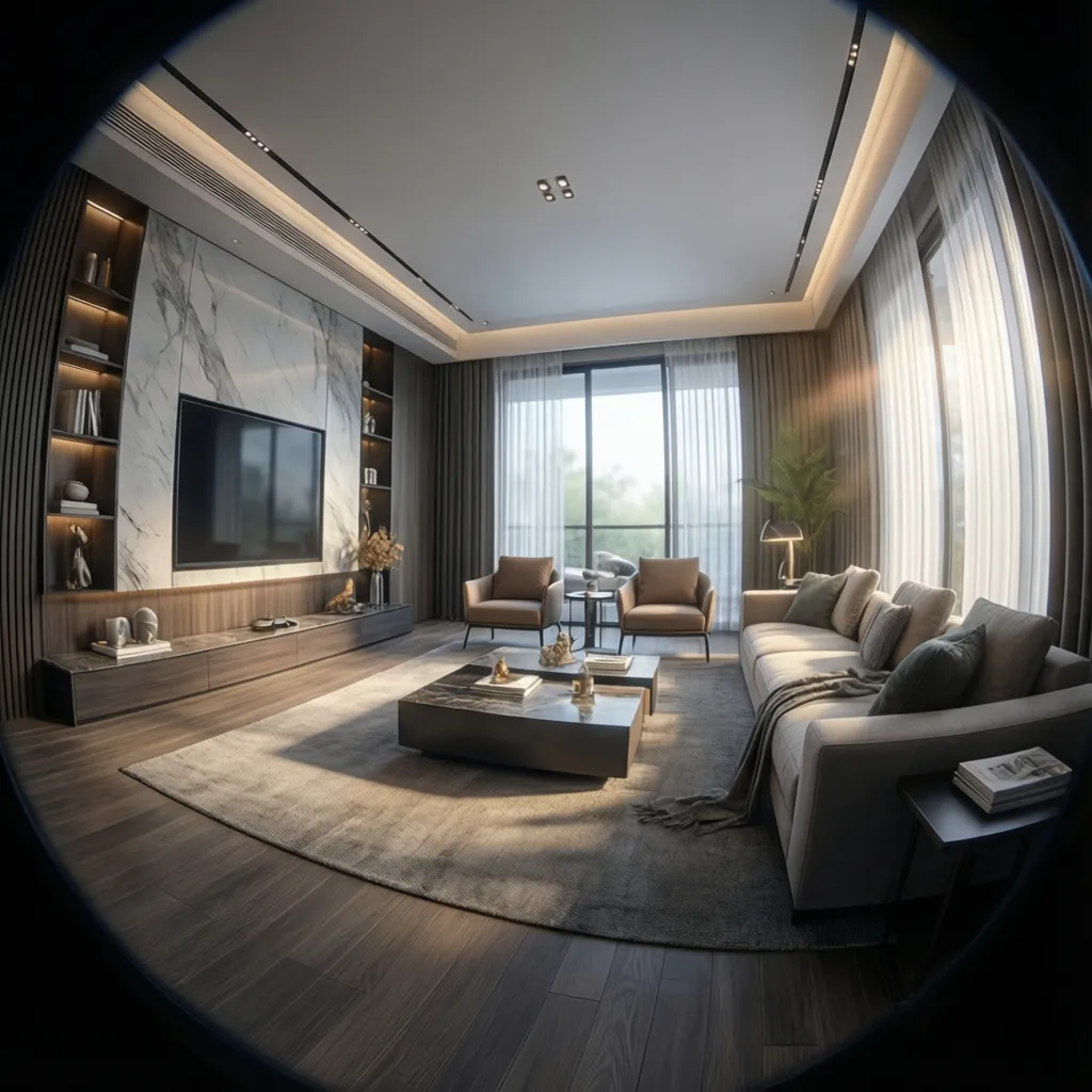 Render 3D de un interior mostrando planificación de iluminación artificial