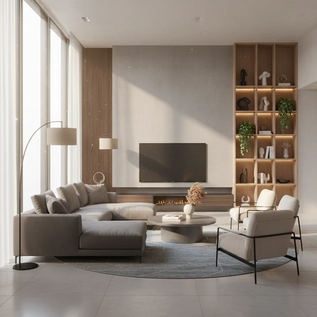 3D interior scene showing lighting simulation affecting furniture layout