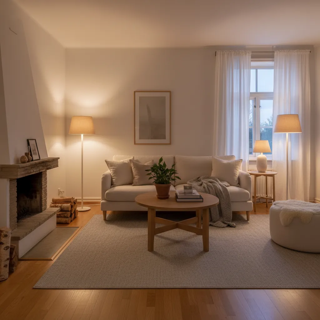 Salón iluminado con lámparas cálidas creando ambiente acogedor