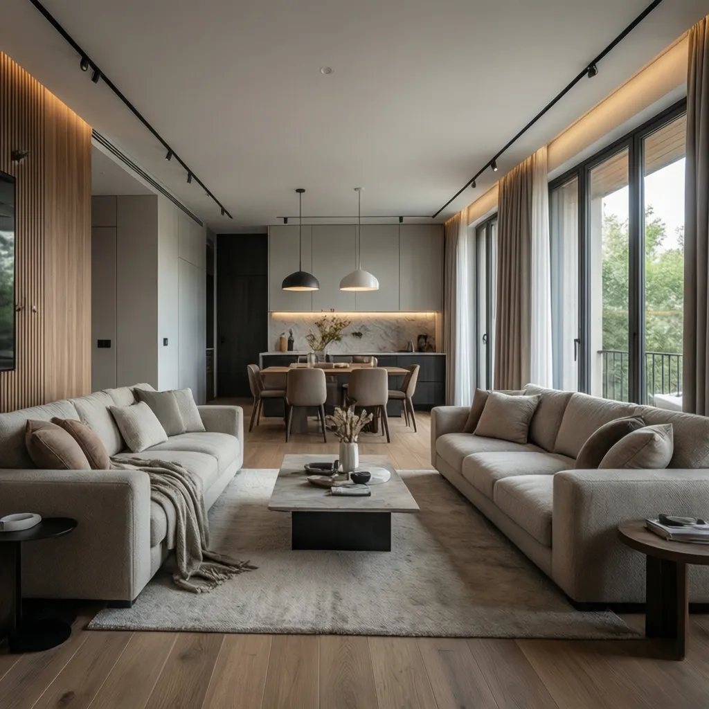 Salón rediseñado con distribución abierta y mobiliario moderno