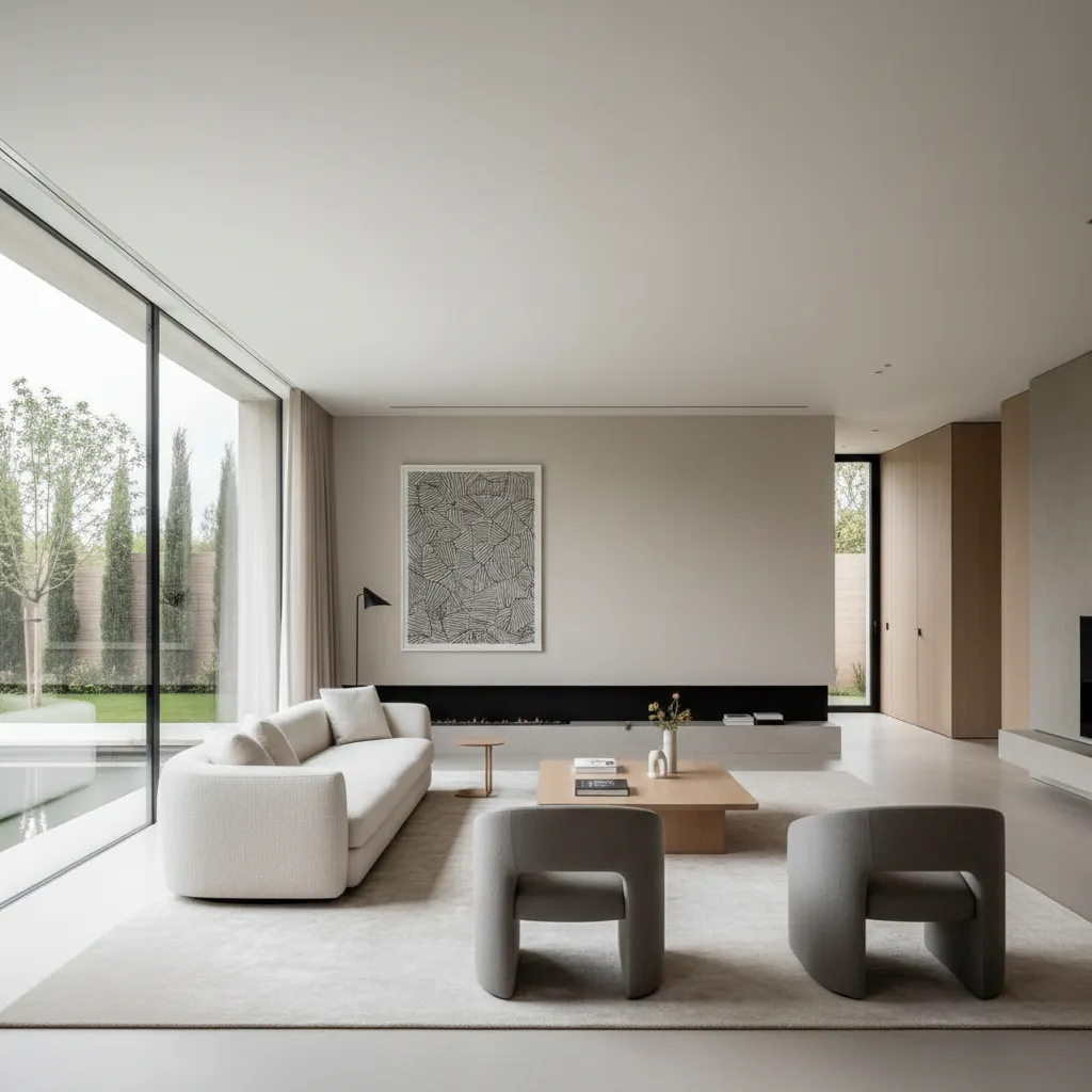 Interior minimalista de casa de lujo con pocos muebles y gran amplitud