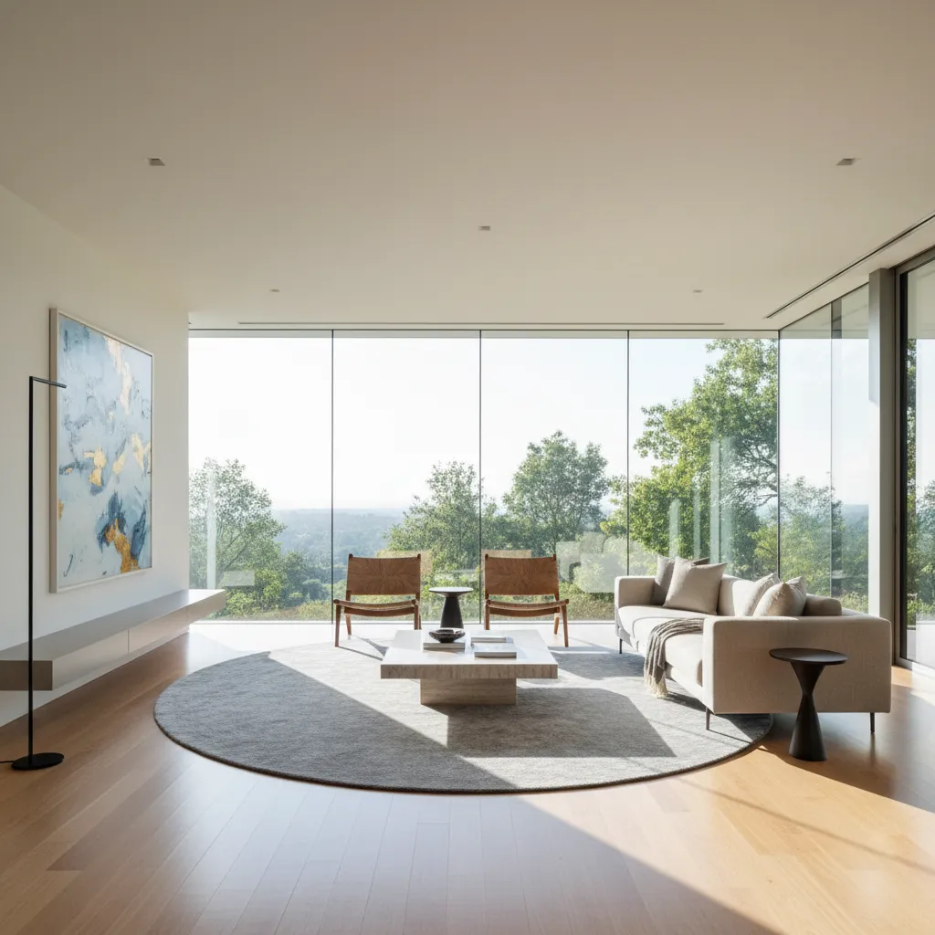 Interior de casa con sala luminosa y grandes ventanales