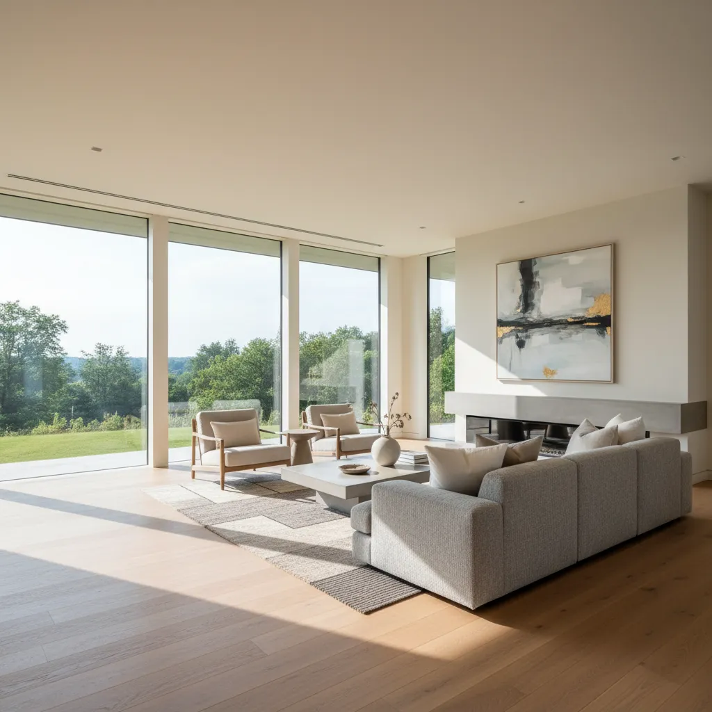 Interior luminoso de una casa contemporánea de 120 metros cuadrados con grandes ventanas