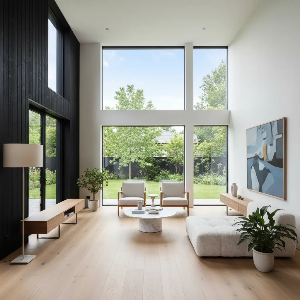 Interior luminoso de una casa negra con madera clara y grandes ventanales