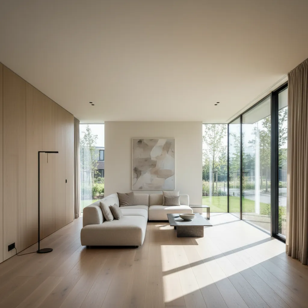 Interior de casa moderna en Holanda con grandes ventanales y mucha luz natural