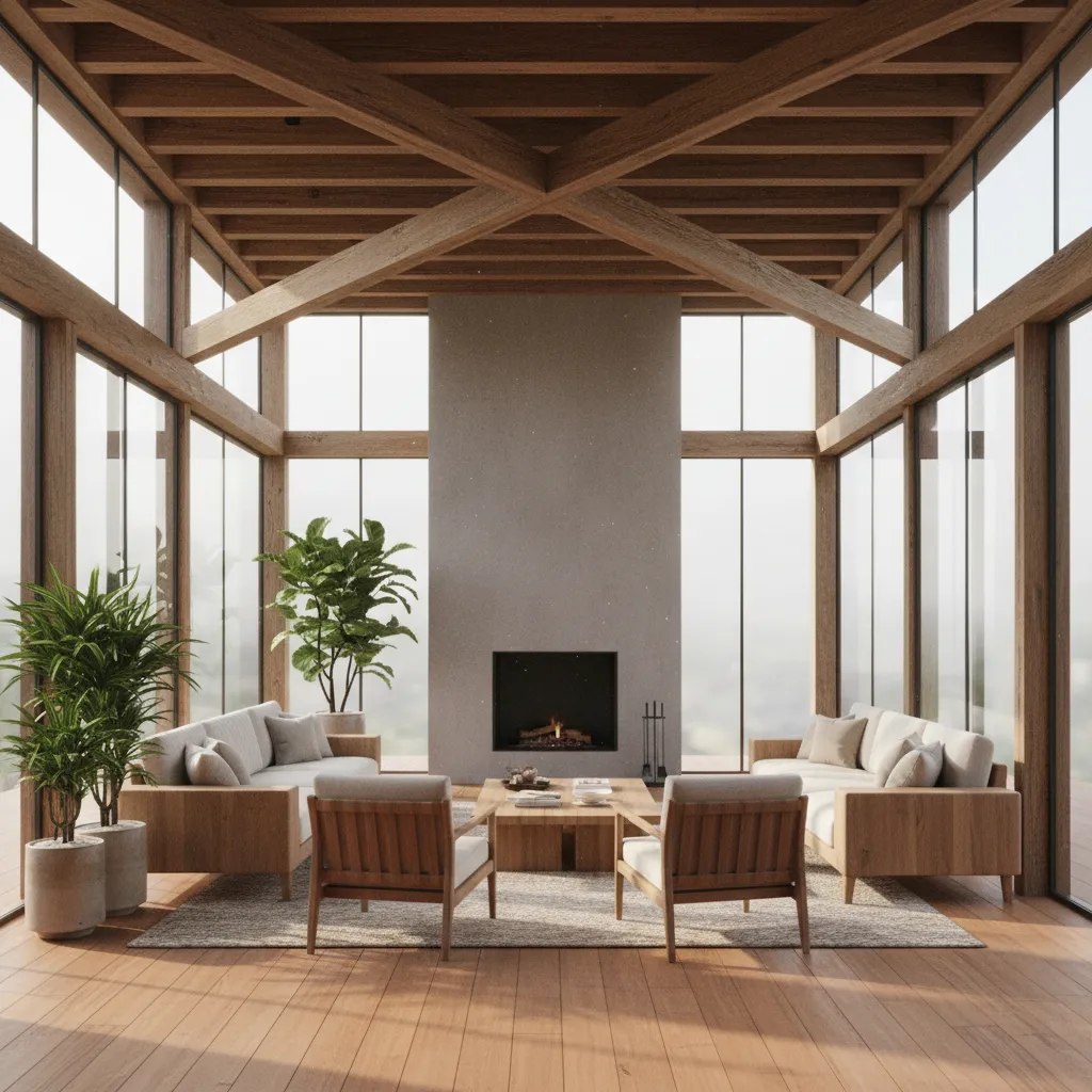 Salón moderno con estructura de madera y paredes de cristal