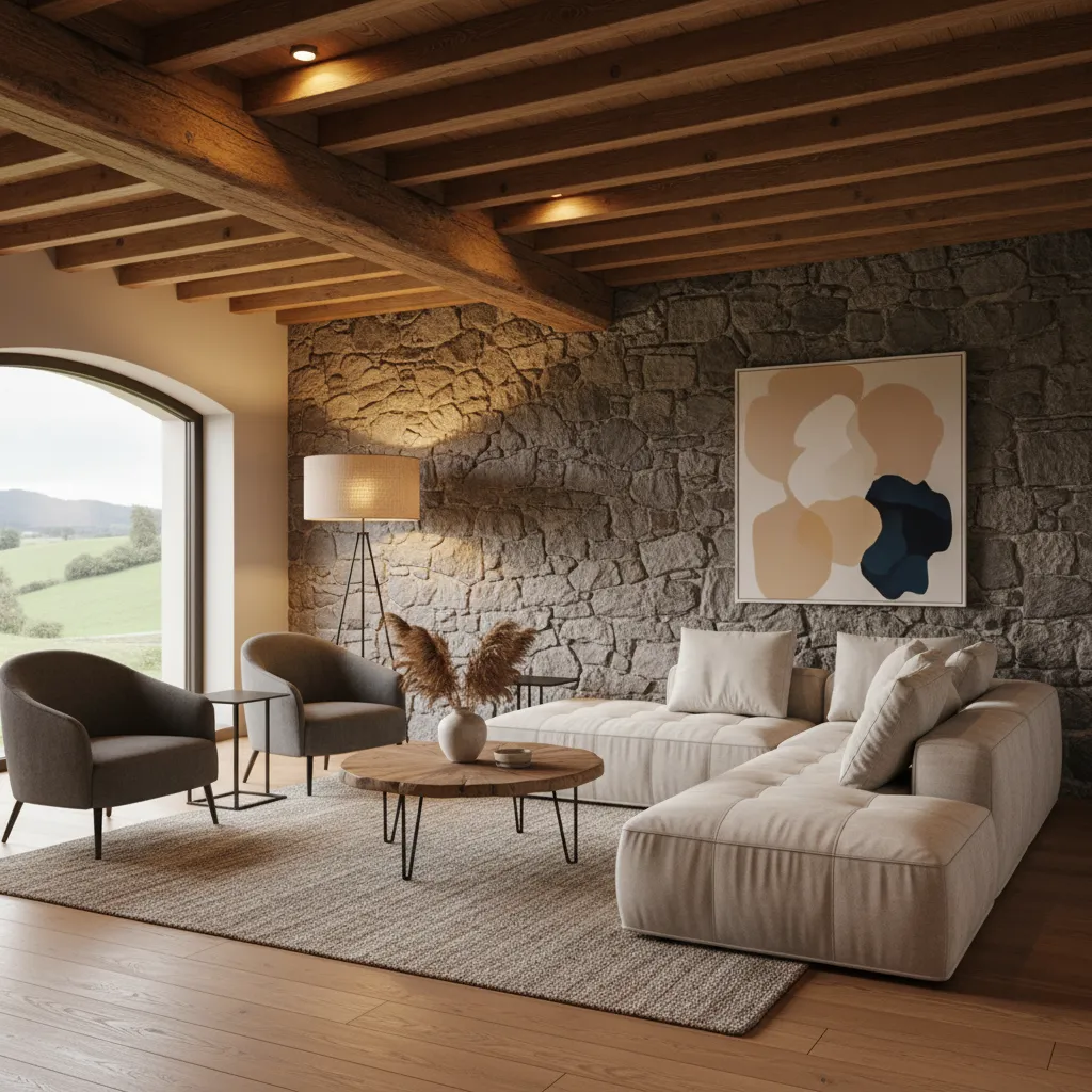 Interior con vigas de madera y pared de piedra restaurada