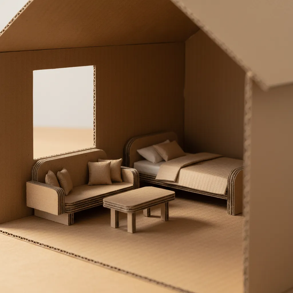 Interior sederhana dalam maket rumah kardus