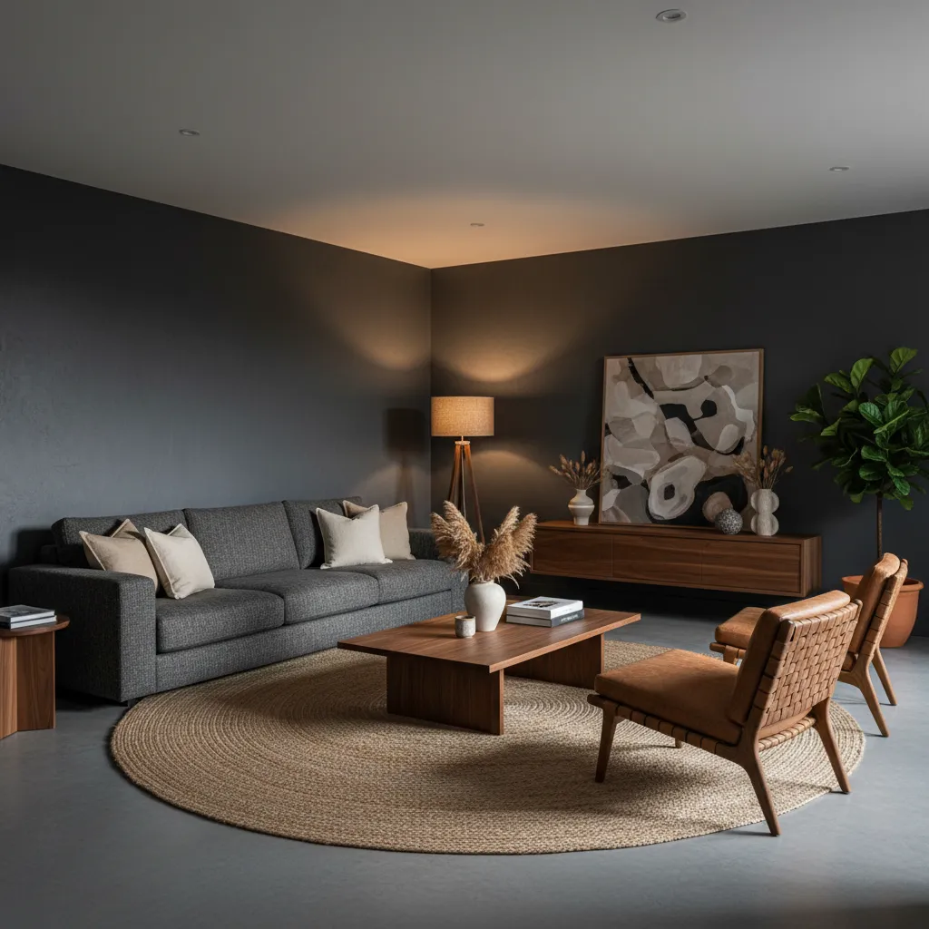 Diseño de interiores con marron y gris oscuro