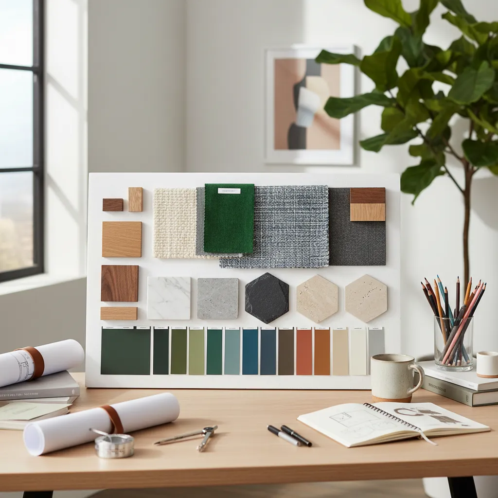 Mesa con muestras de materiales para diseño interior