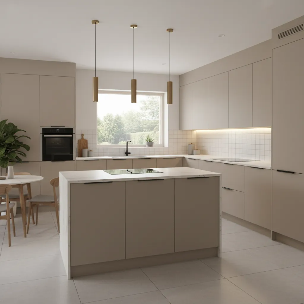 Kitchen interior showing laminate cabinets and quartz countertop