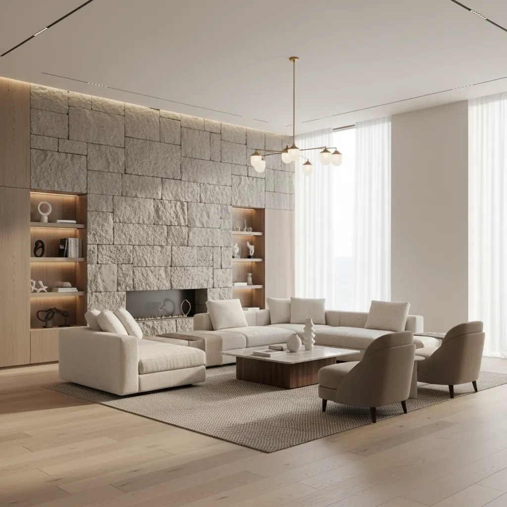 Modern living room with stone wall beige sofas coffee table ceiling light and large windows