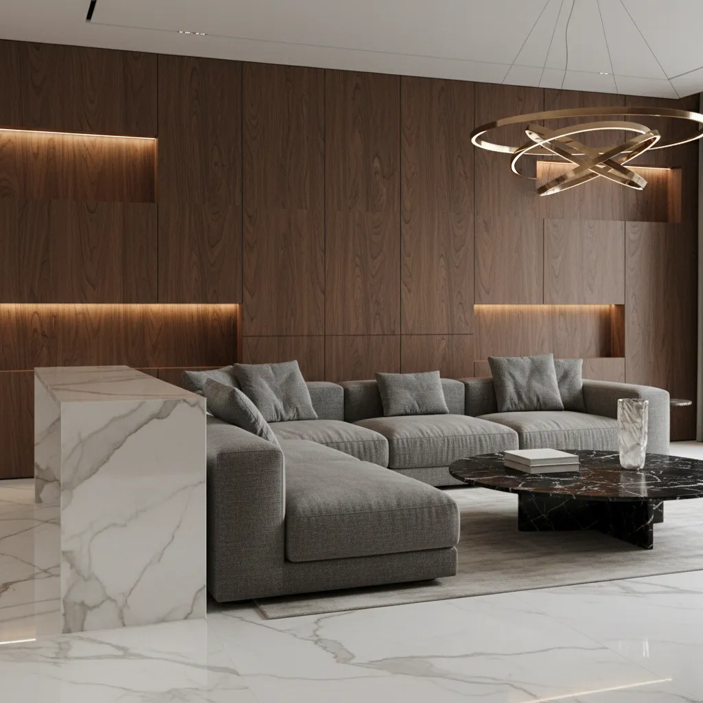 Interior rendering showing realistic material textures and lighting effects