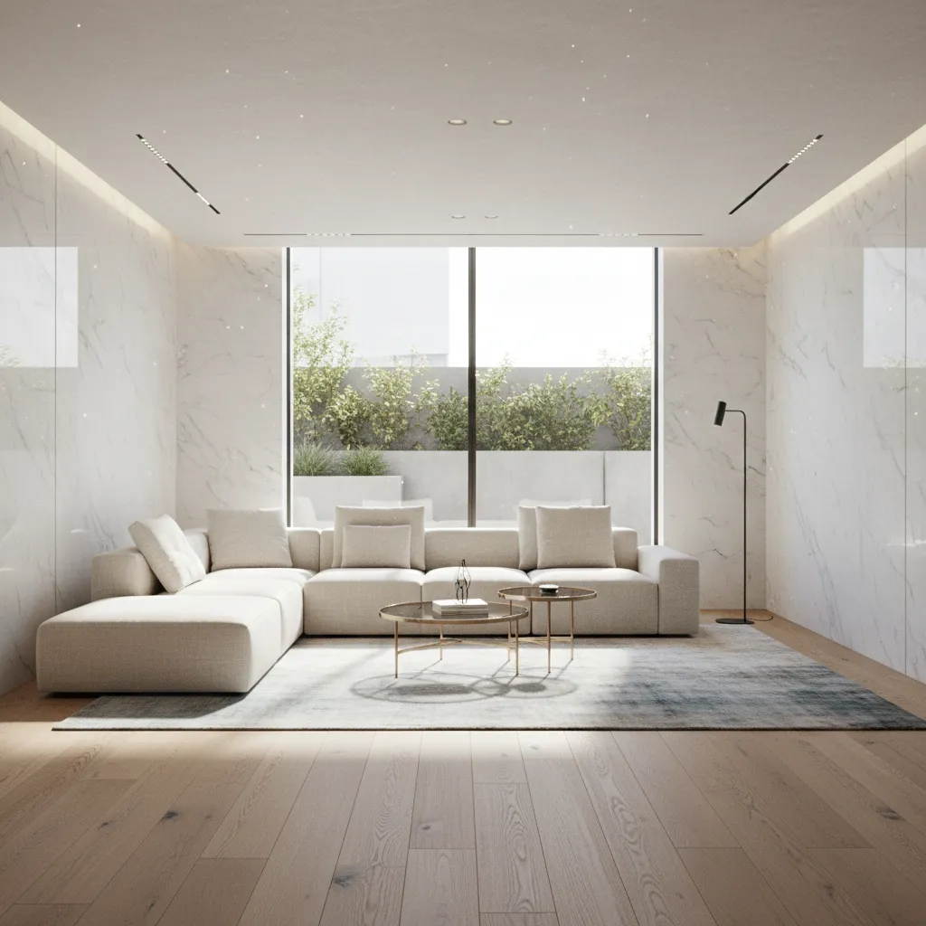 3D rendered interior showing lighting and material testing in a modern room