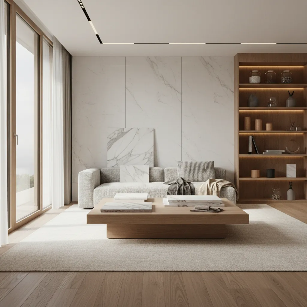 3D rendering showing interior material and lighting test for a living room design
