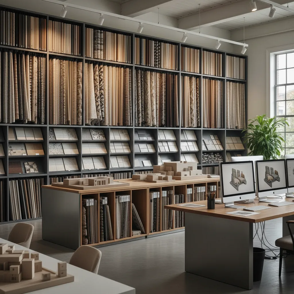 Large material library with wallpaper samples tiles building models on wooden desks and computers in studio