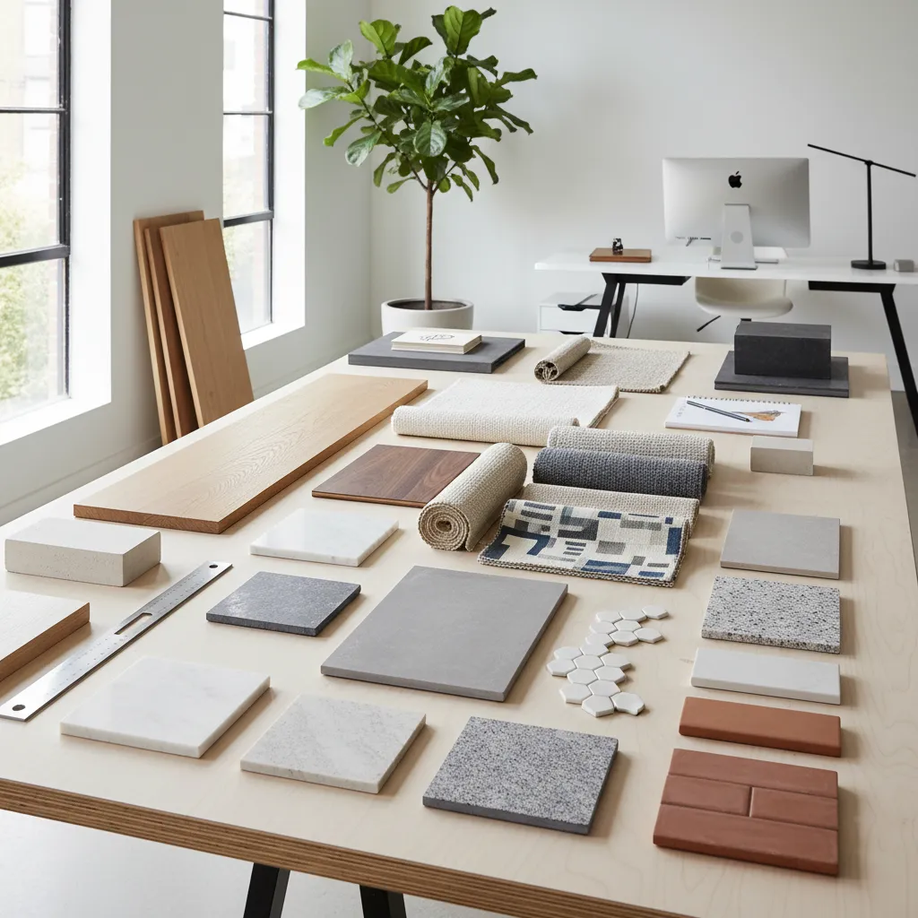 Muestras de materiales de interiorismo como madera, tela y piedra