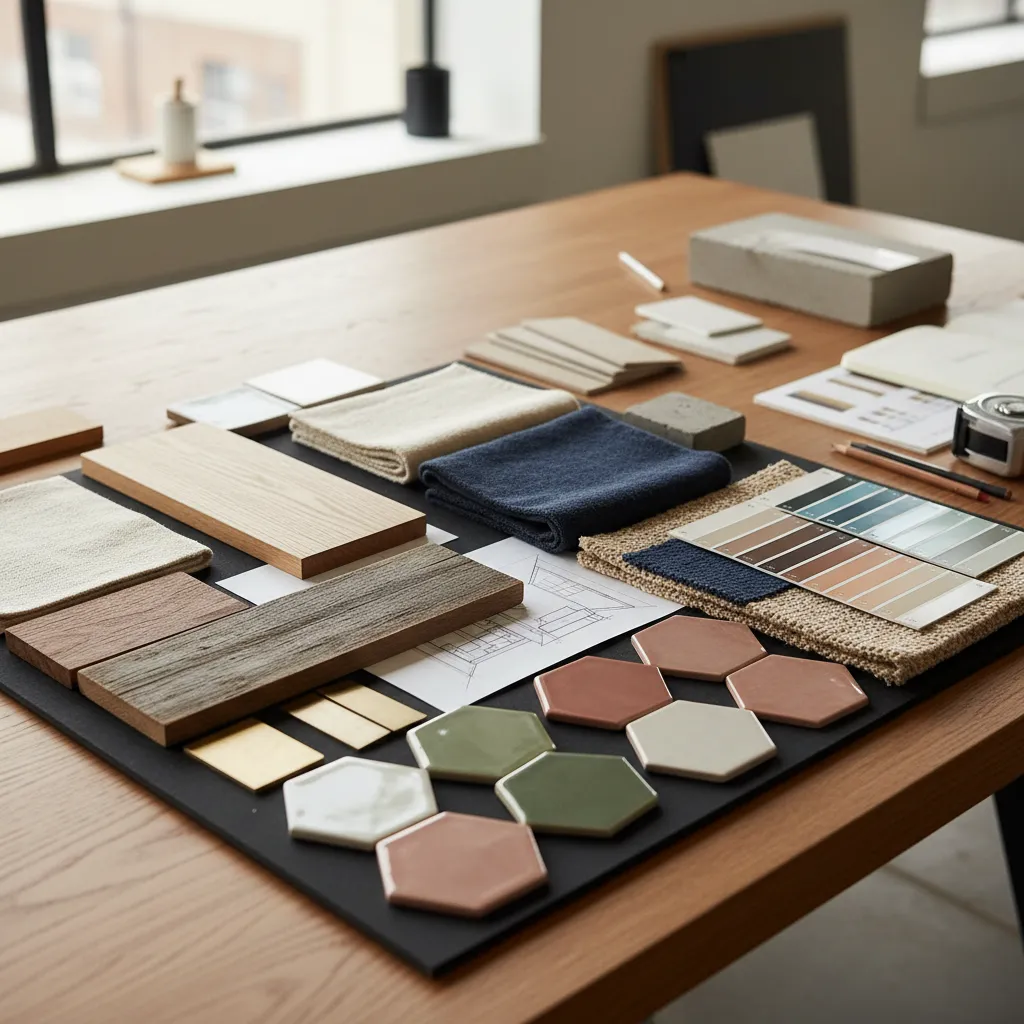 Mesa con muestras de materiales de interiorismo como madera, tela y cerámica