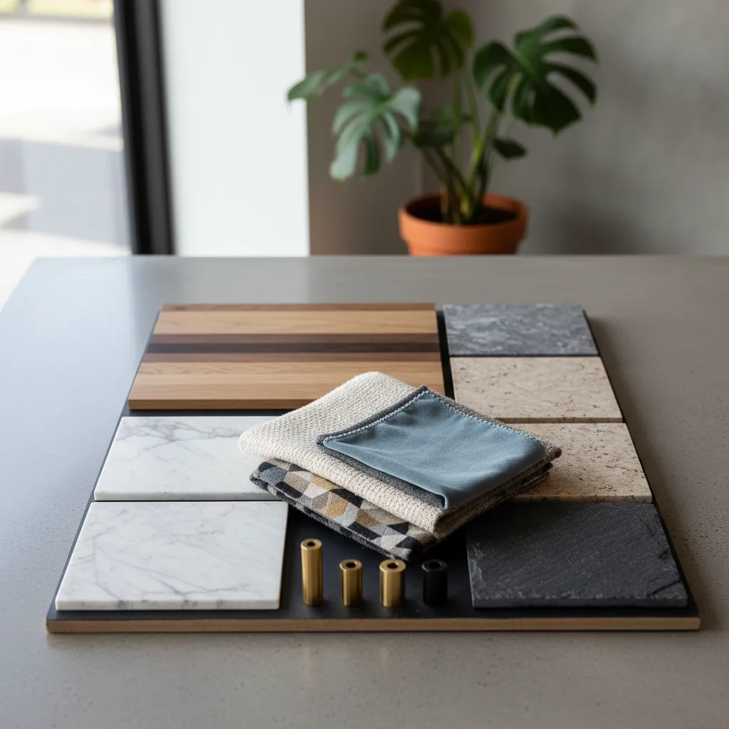 Tray with wood samples, marble tiles, stone pieces, fabric swatches, and metal hardware for design.