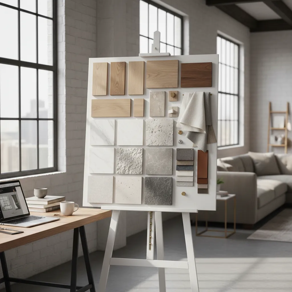 Selección de materiales para interiorismo con muestras de madera, tela y piedra