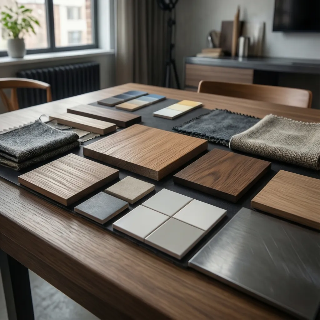 Various interior design material samples including wood tiles and fabric pieces on a wooden table