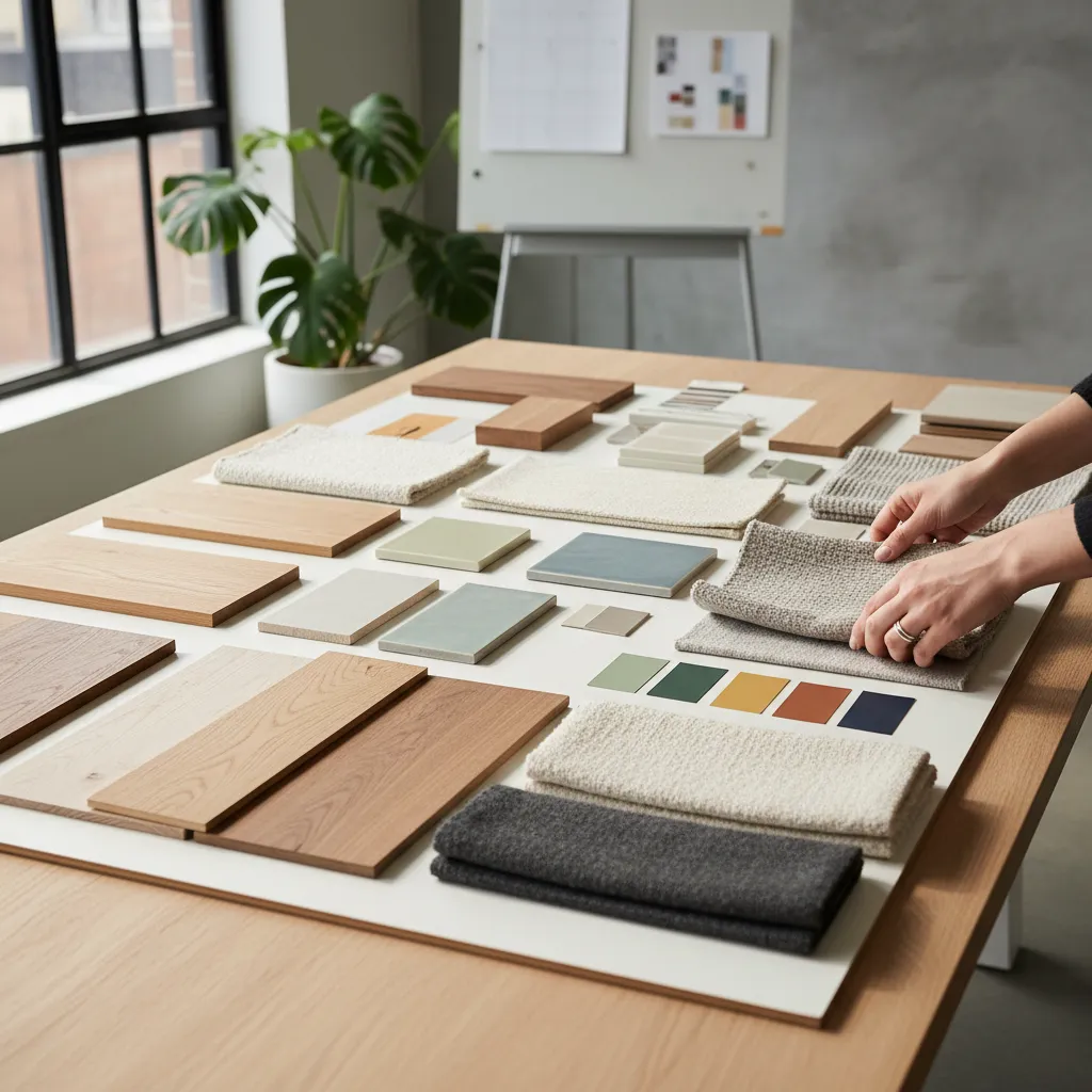 Person hands selecting wood and fabric material samples on a large wooden table near window