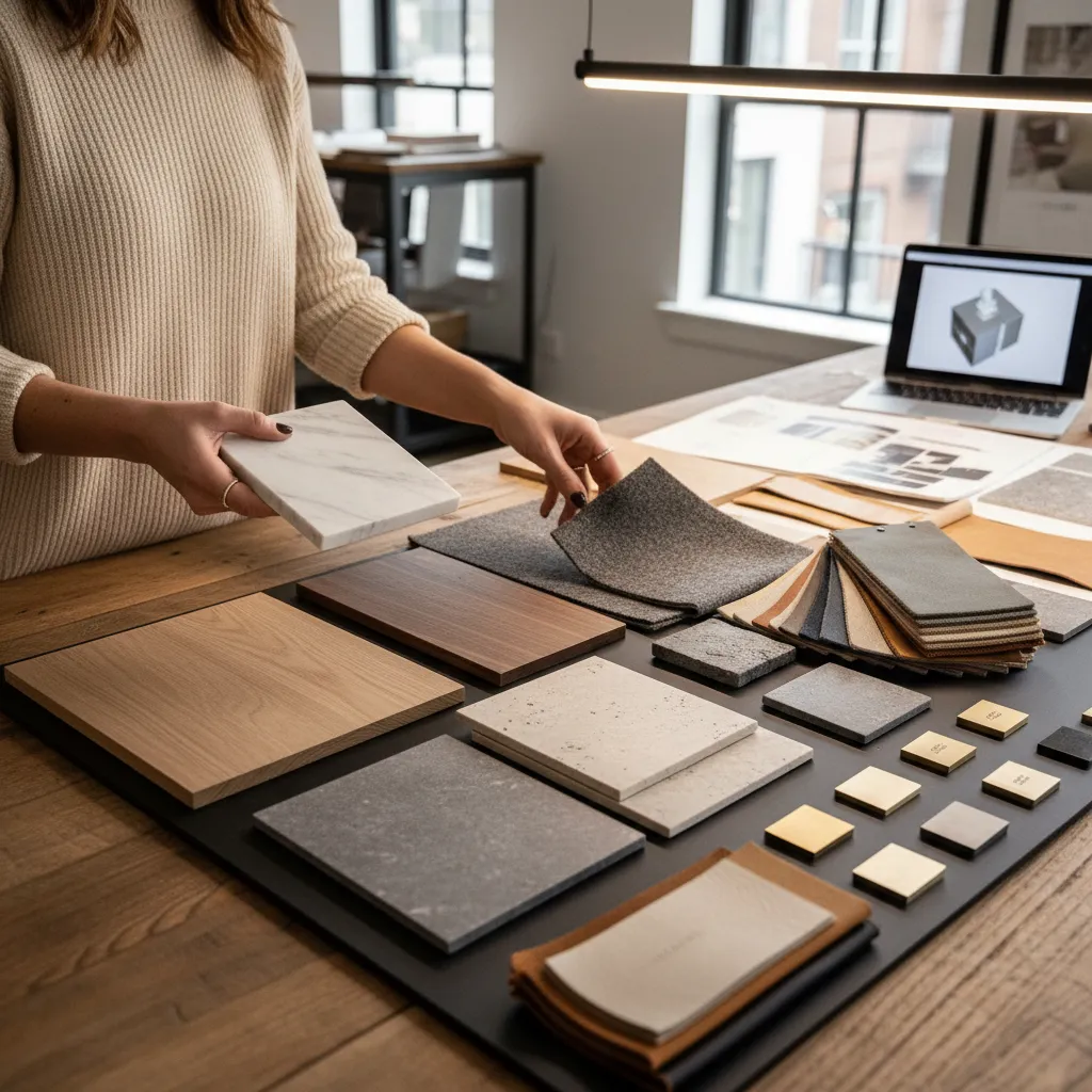 Muestras de materiales de interiorismo como madera, piedra y textiles sobre una mesa de diseño