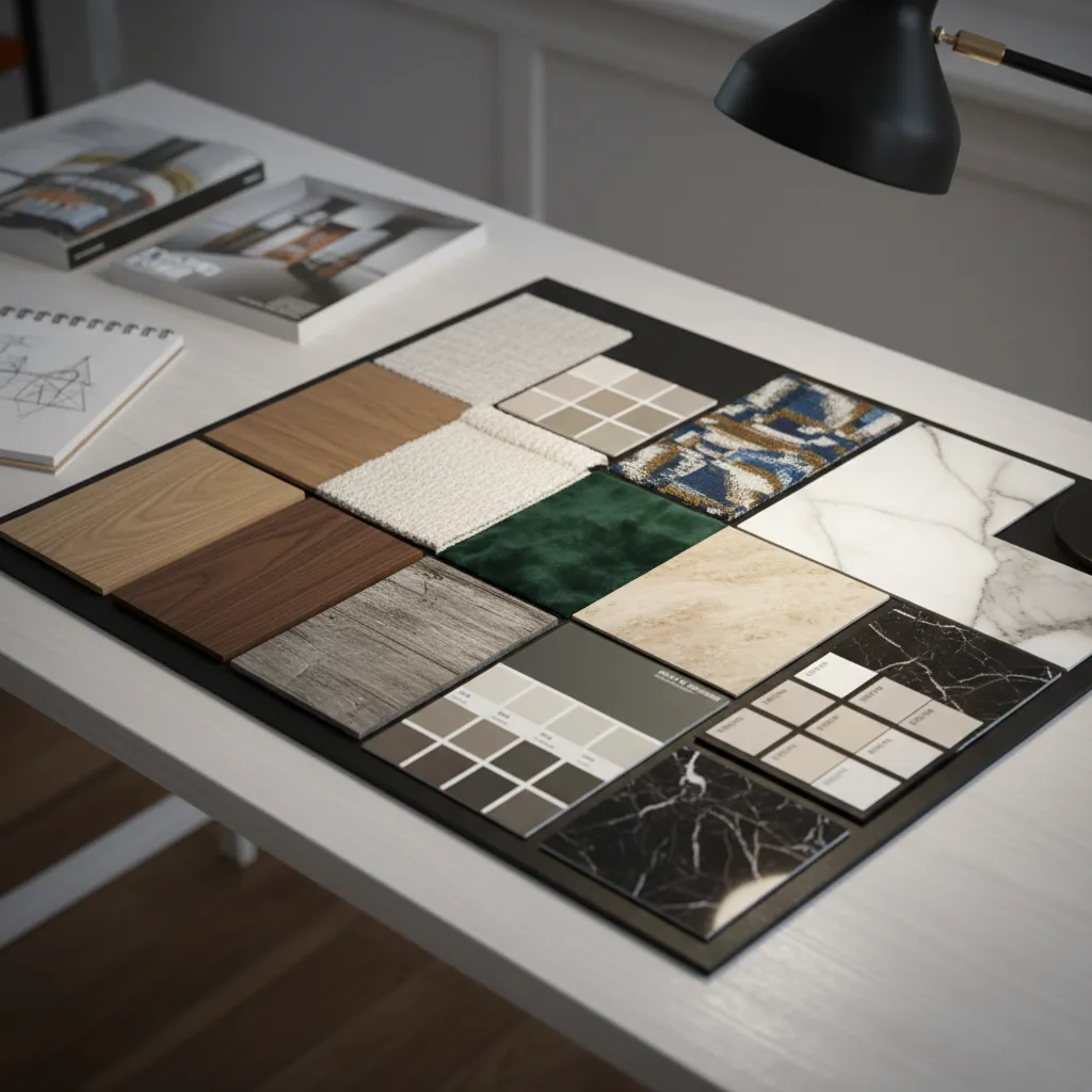 Tablero de materiales con telas, madera y paletas de color para interiorismo