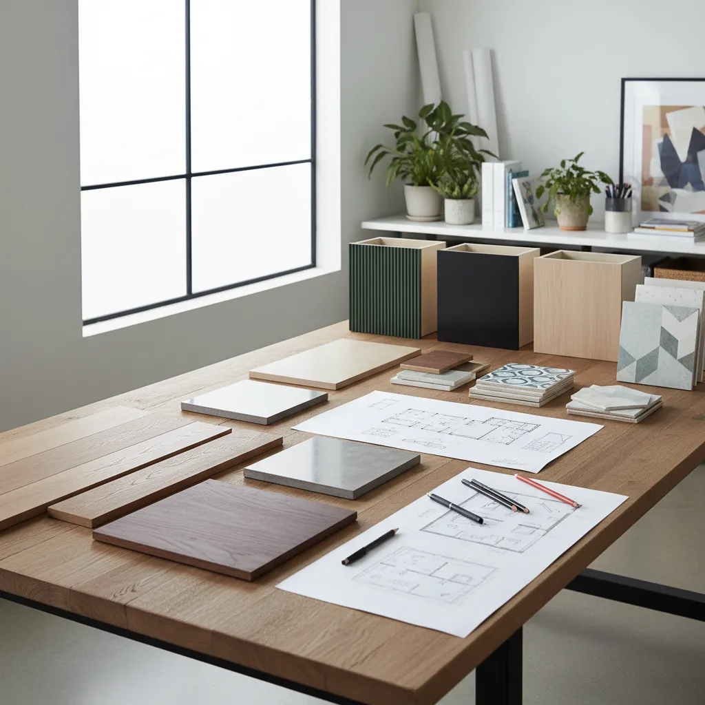 interior design materials such as flooring samples cabinets and finishes on design table