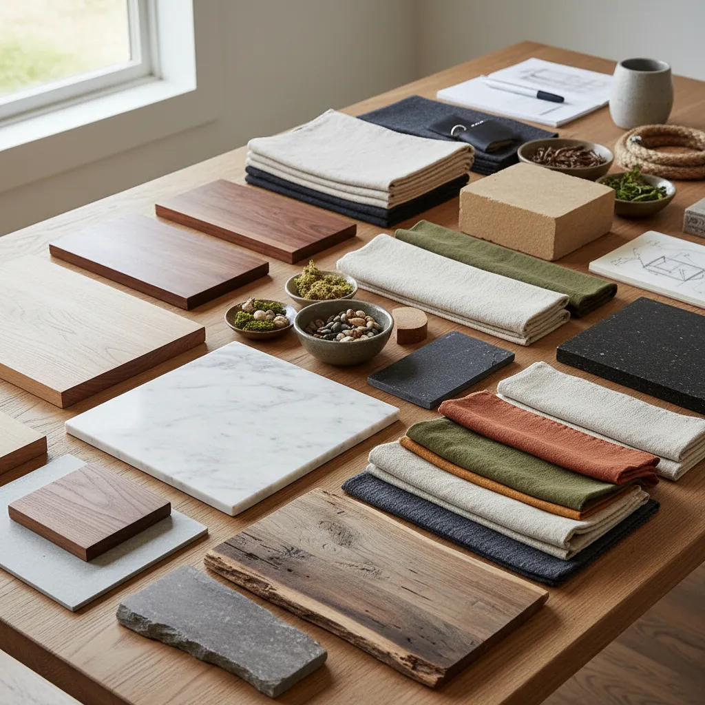 Mesa de trabajo con muestras de materiales naturales para diseño interior