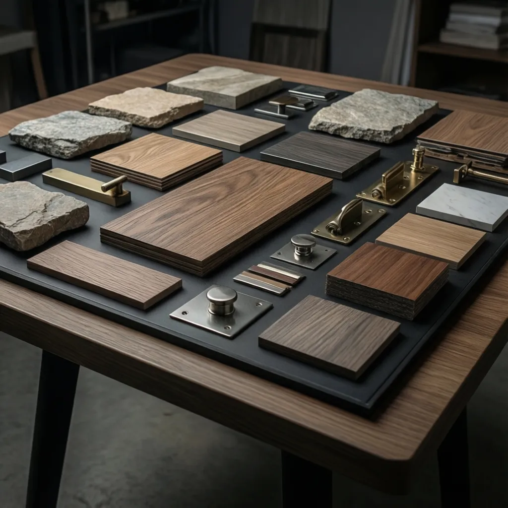 Interior design material board with flooring, wood, and countertop samples for specification