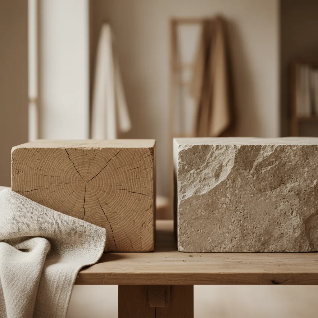 Detalle de materiales naturales en interior como madera, lino y piedra