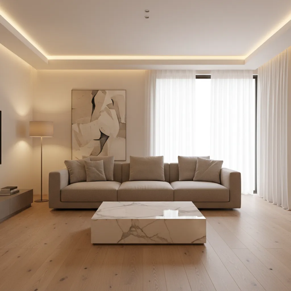 Modern living room with beige sofa marble coffee table wood floor white curtains and art