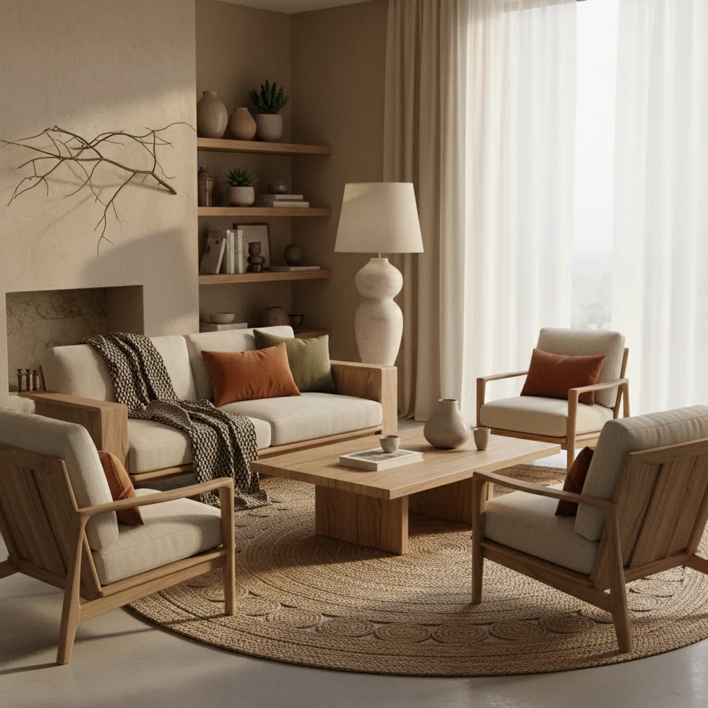 Interior con madera natural, textiles orgánicos y colores tierra