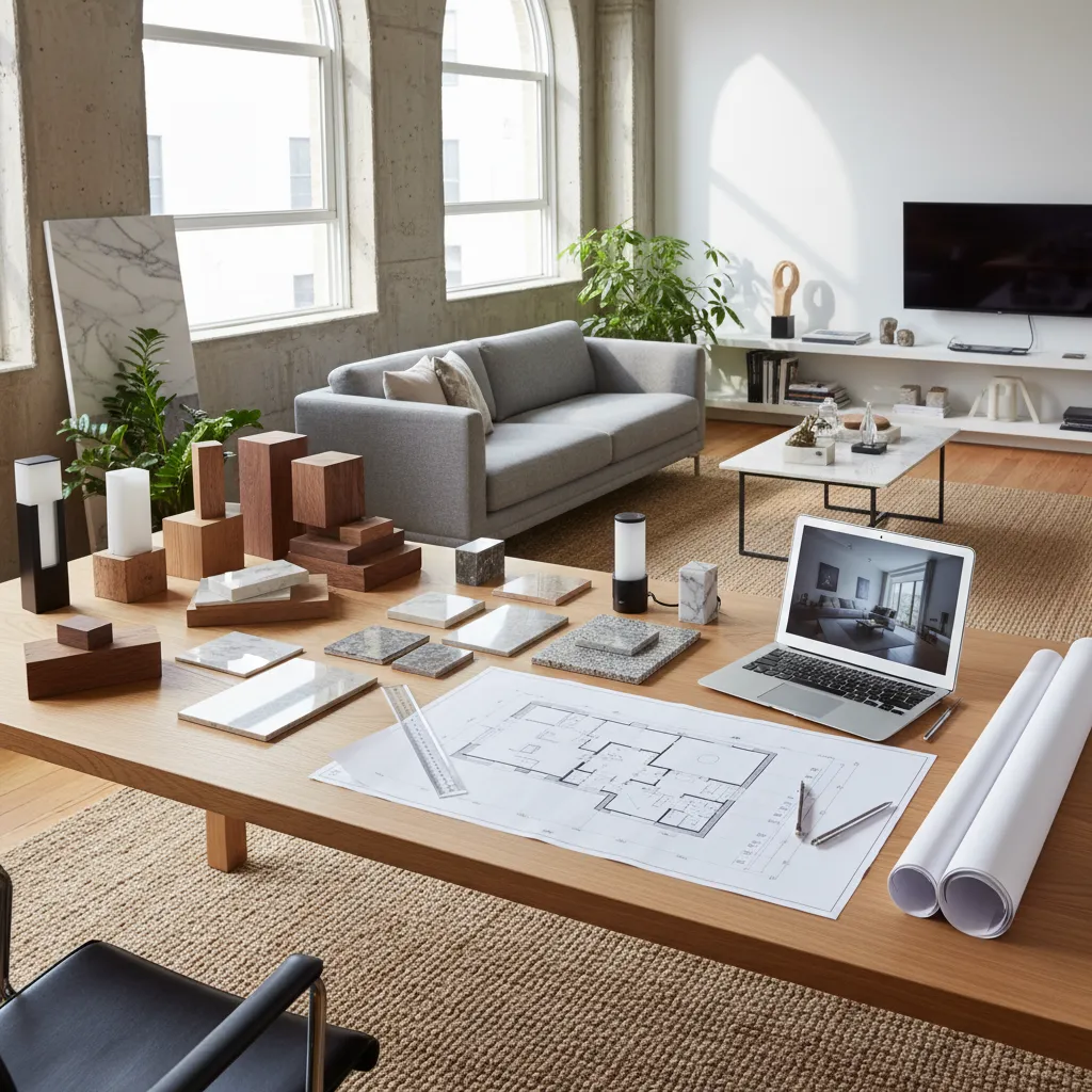 Mesa de trabajo con muestras de materiales y estudio de iluminación interior