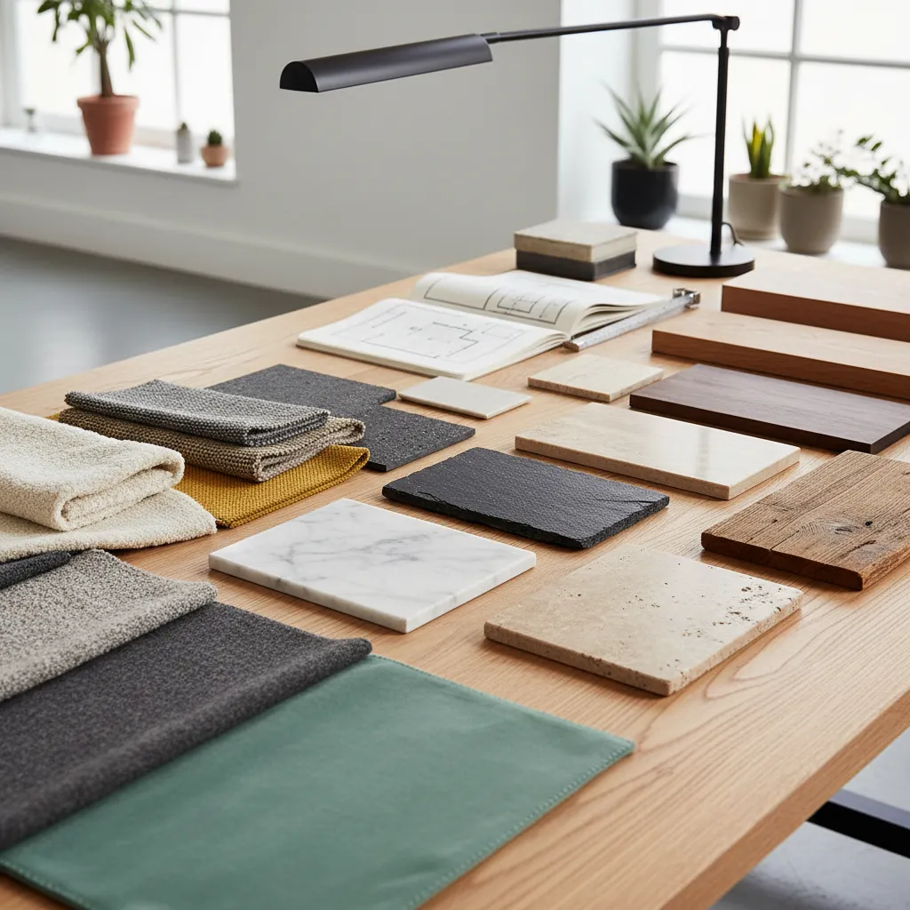 Mesa con muestras de materiales para diseño interior como madera, tela y piedra