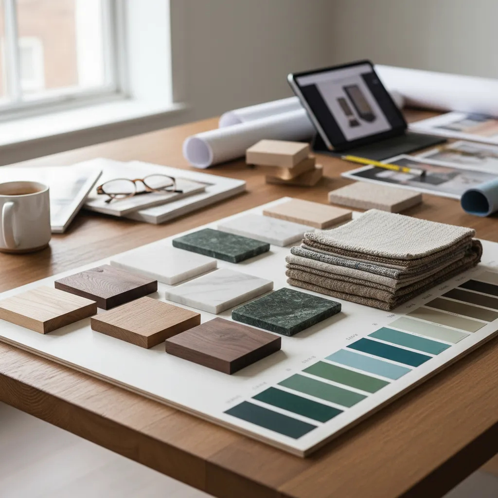 Interior design material samples including wood stone fabric and color tiles on a wooden desk