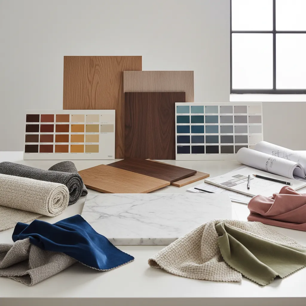 Mesa con muestras de materiales de interiorismo como madera, tela y piedra